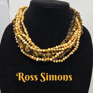 Ross Simons Womens 7 Strand Necklace Tiger's Eye Smoky Quarts Baroque FW Pearls